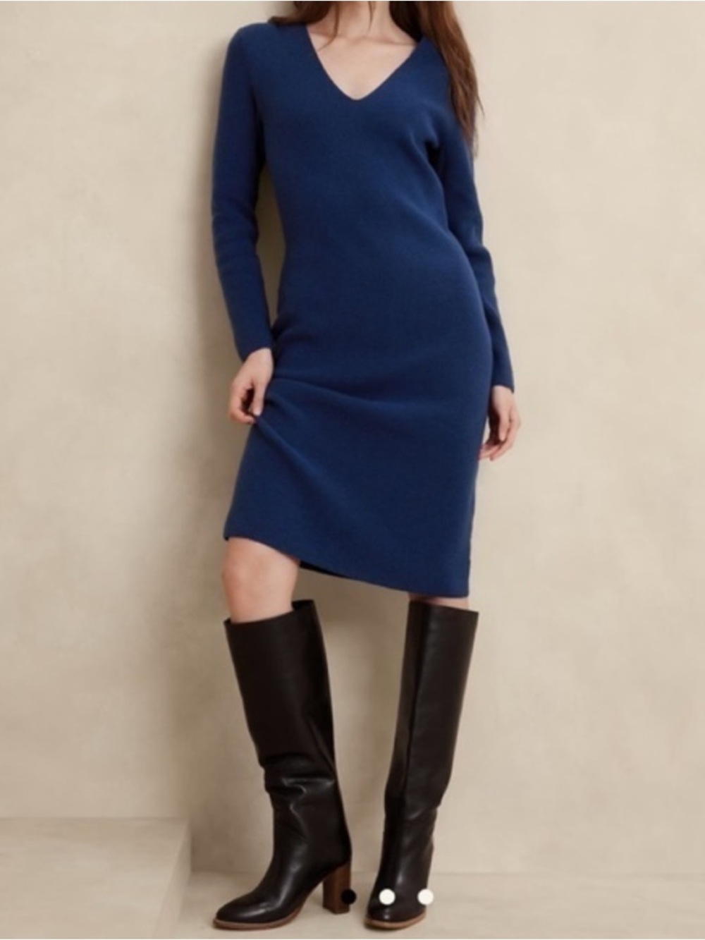 Banana Republic V-Neck Knee-Length Sweater Dress Frigid Night Blue Small NWT New